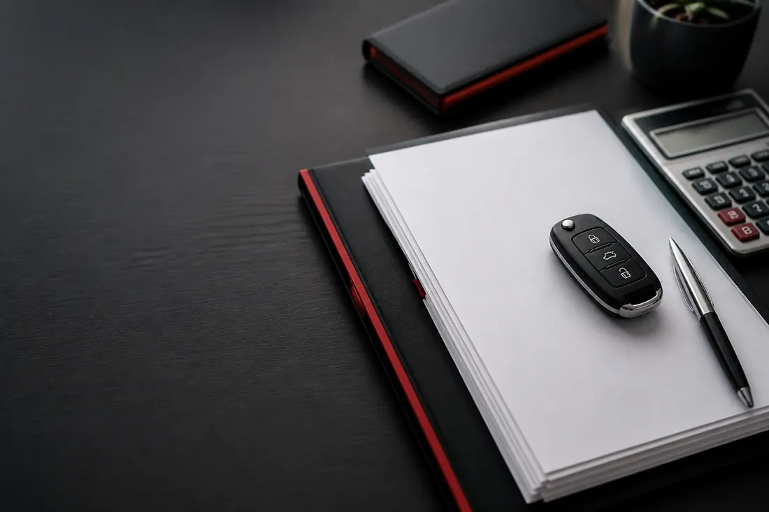 Vehicle finance paperwork, car key, pen, and calculator on a desk