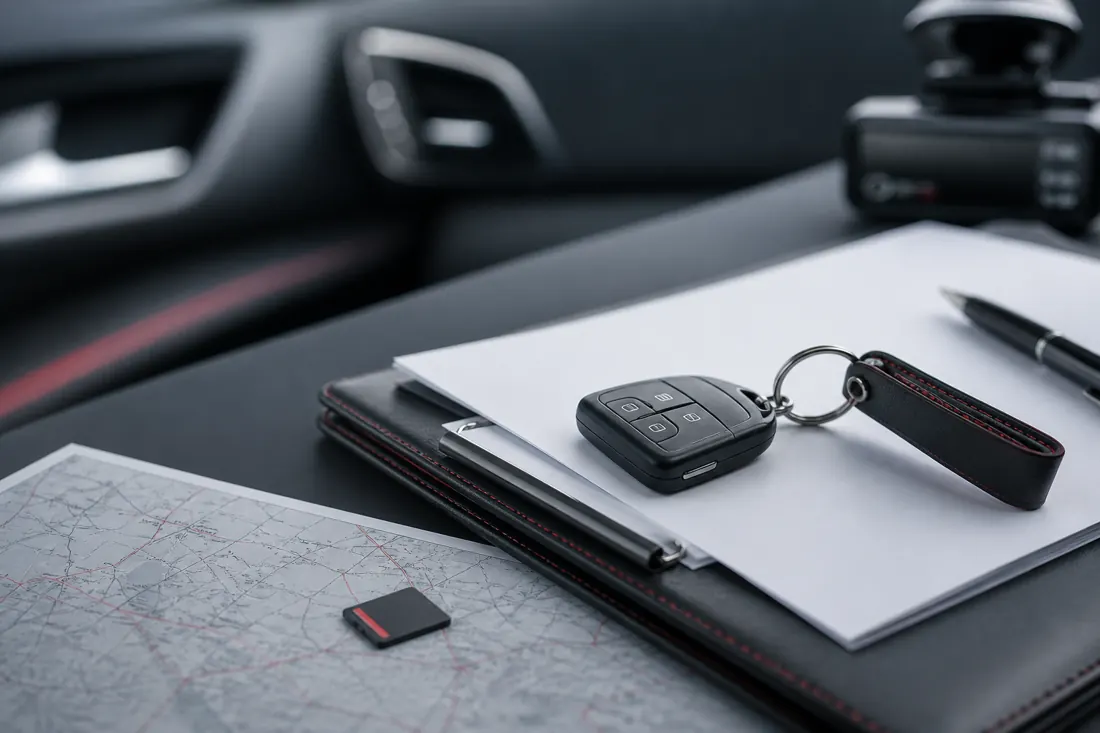 Accident paperwork, car key, and map arranged for an incident enquiry