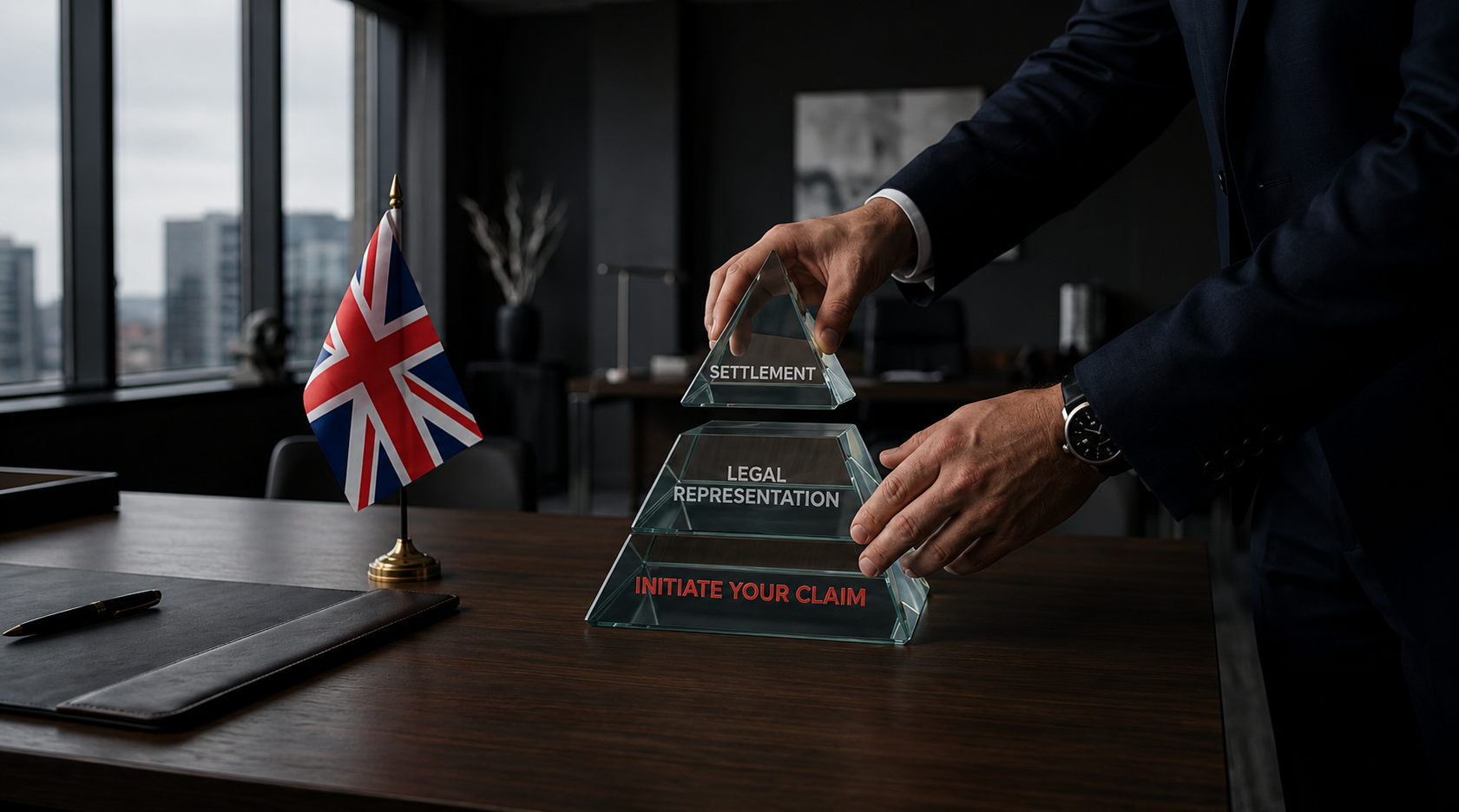 Legal representation and settlement steps on an office desk