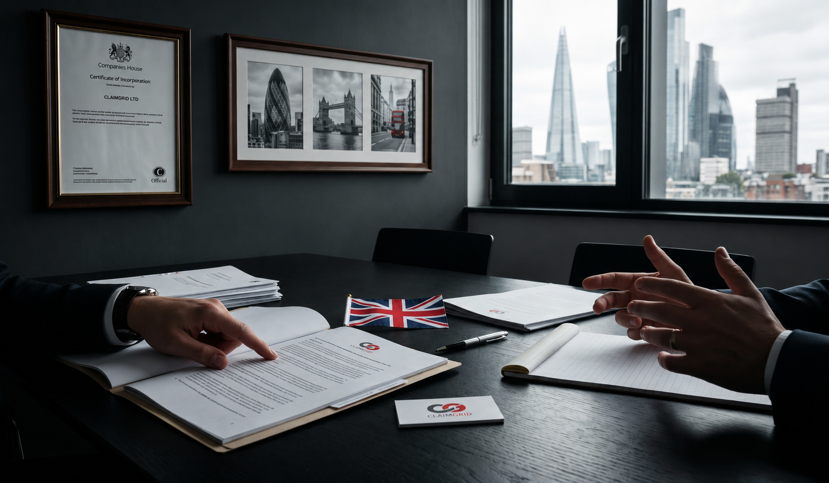 ClaimGrid documents arranged in a professional meeting room overlooking London