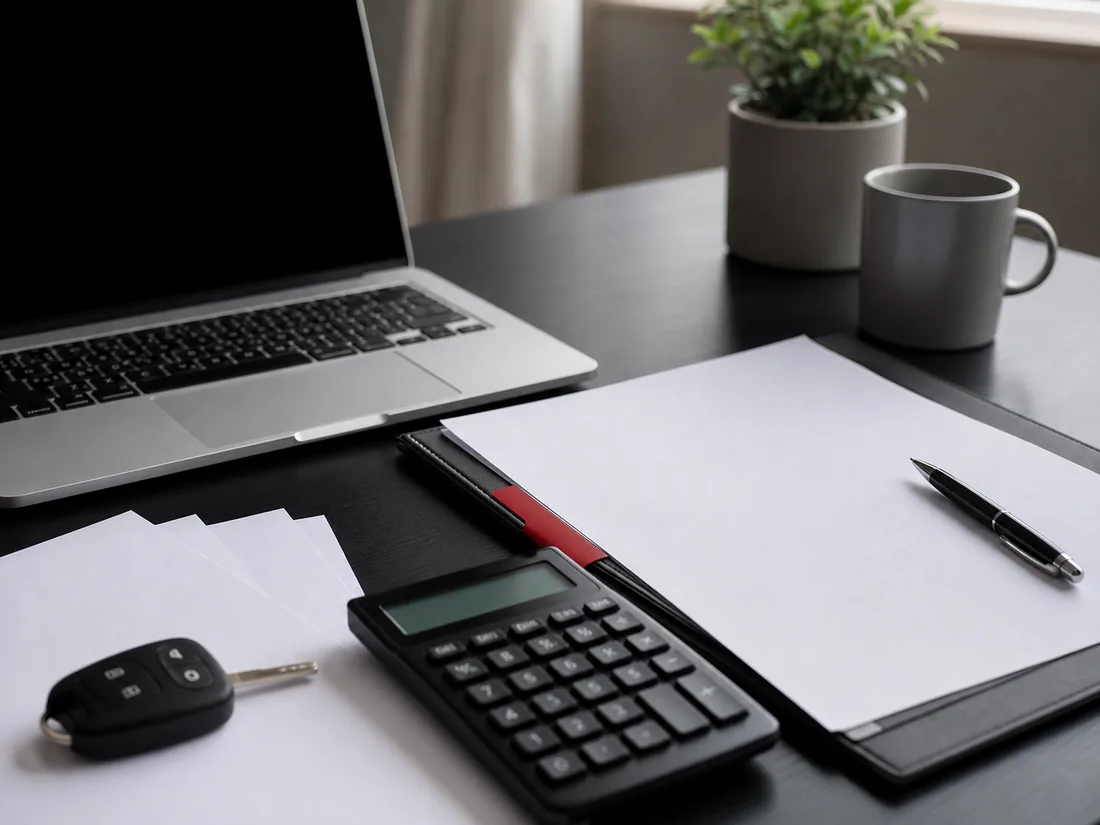 Vehicle finance paperwork, calculator, car key, and pen on a dark desk