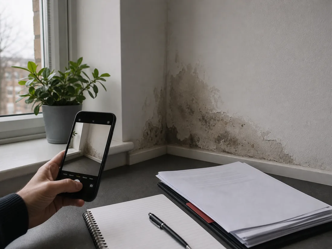 Phone photographing damp damage beside a notebook and housing paperwork