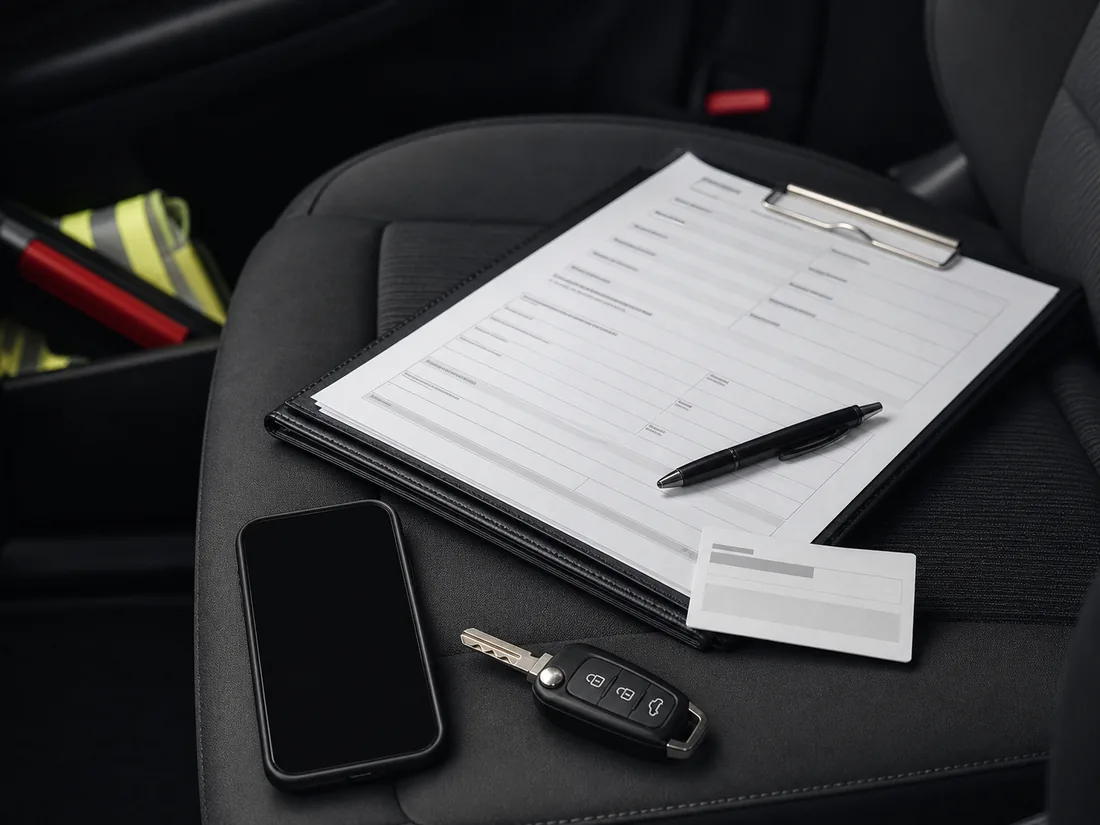 Car key, phone, pen, and blank incident paperwork arranged on a car seat