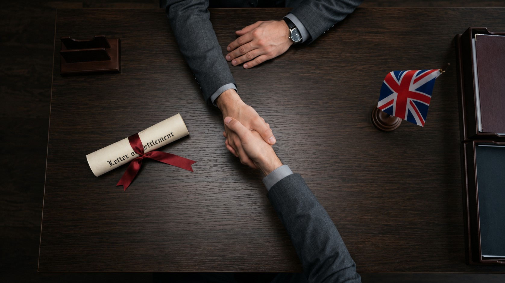 Handshake over a settlement letter on a dark office desk