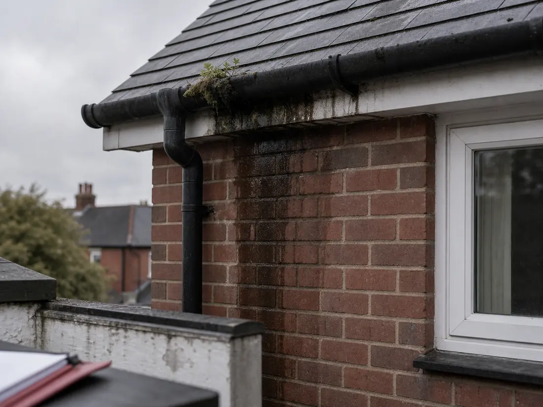 Blocked gutter causing water staining on brickwork outside a home