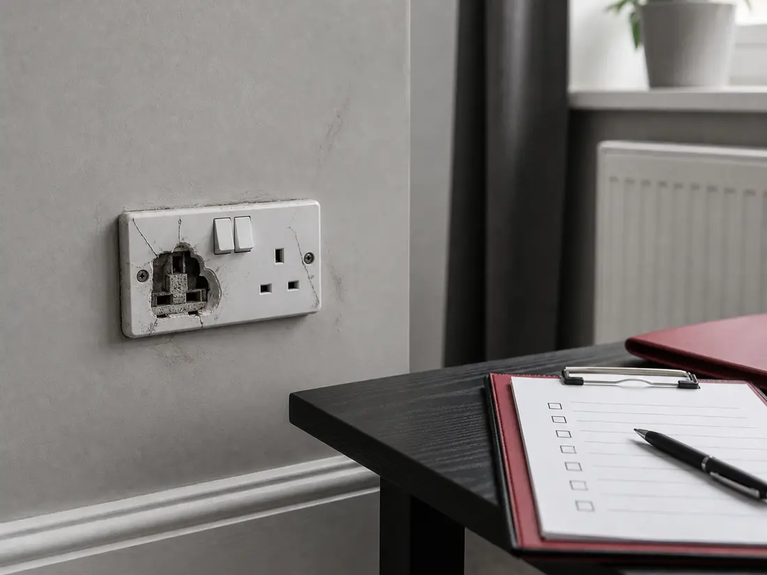 Damaged electrical socket with a repair checklist on a table