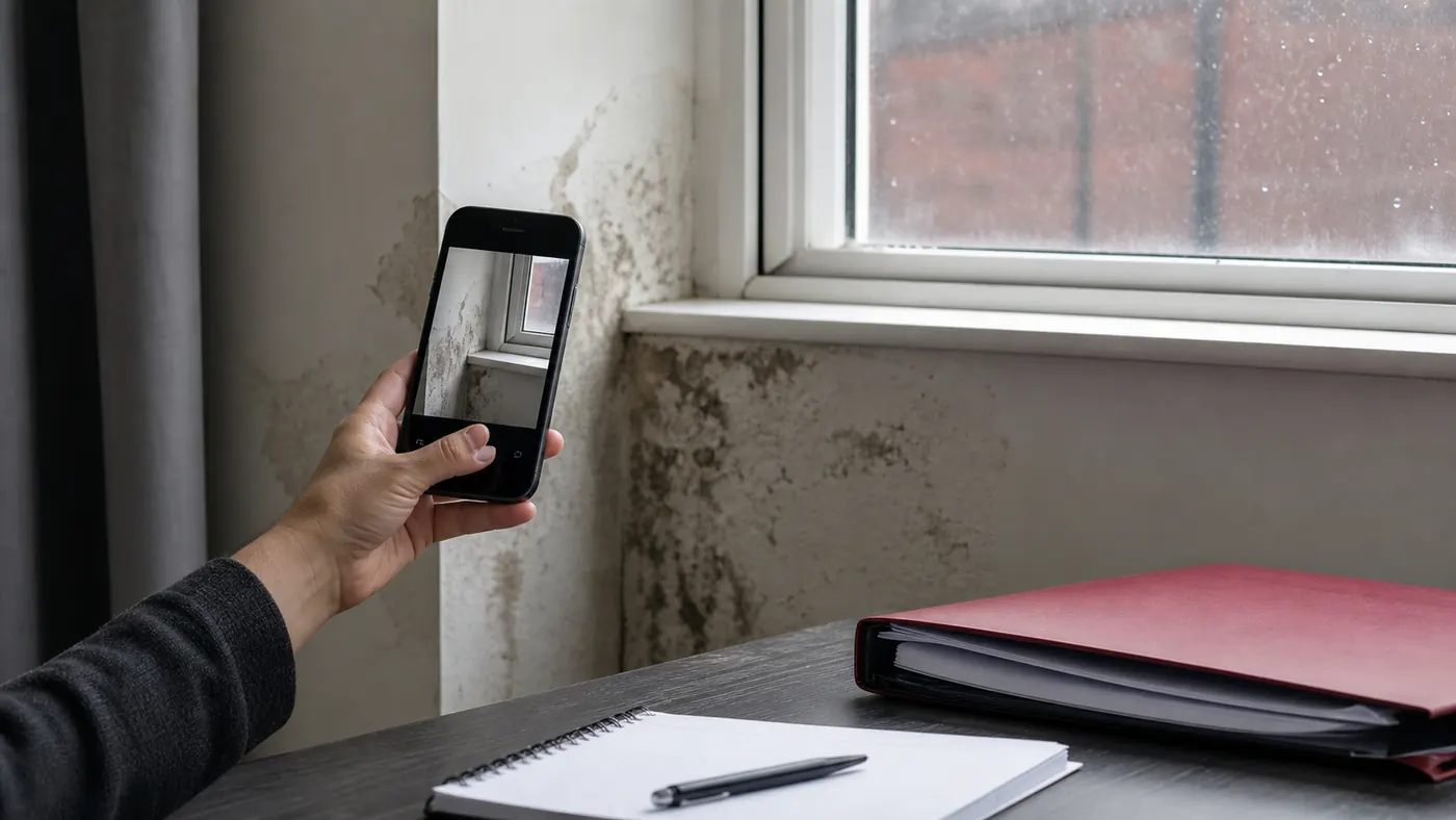 A phone being used to photograph damp near a window with repair notes nearby