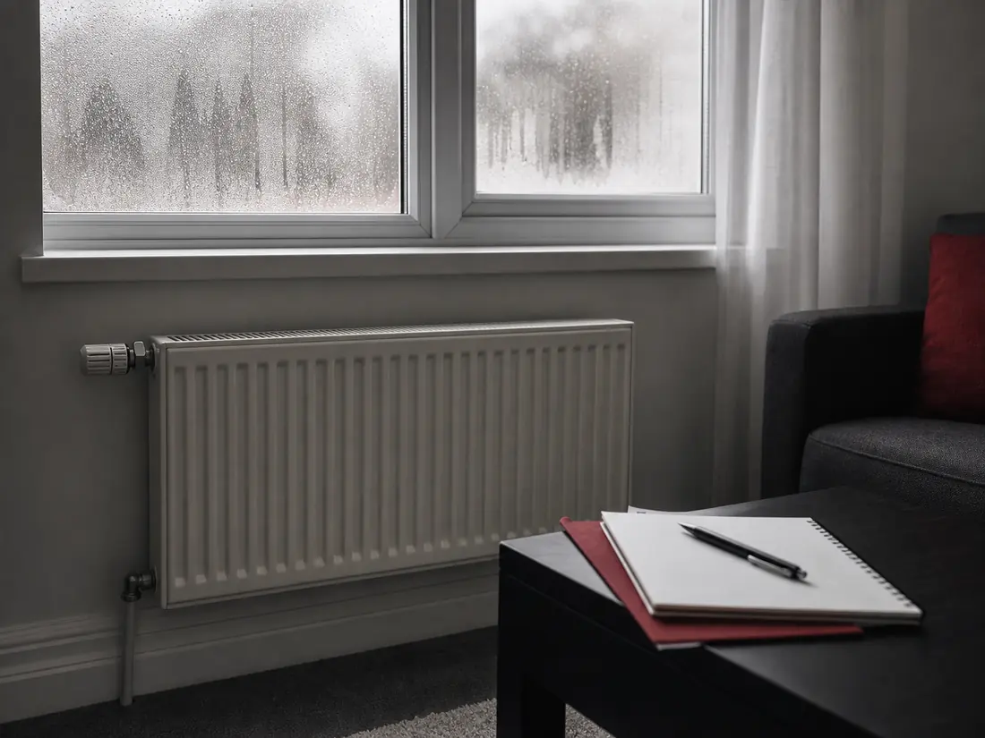 Radiator below a window with condensation and repair notes