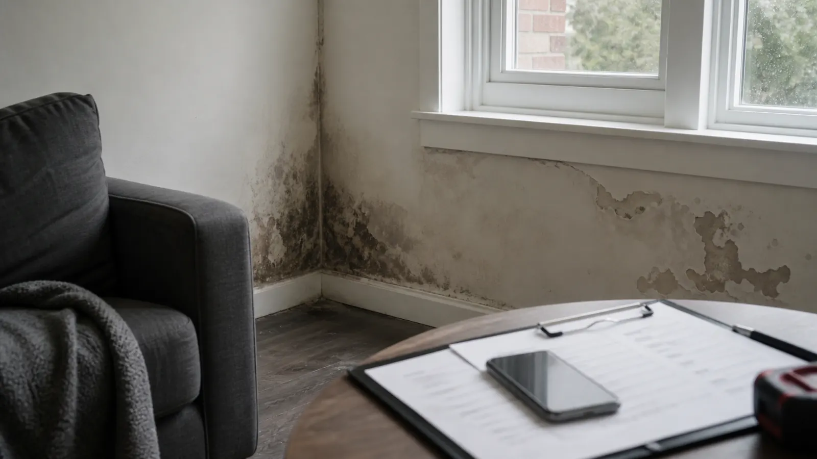 Damp staining near a window with a repair clipboard and phone on a table