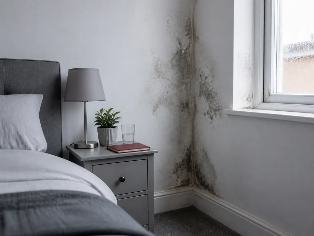 Damp and mould staining in a bedroom corner beside a window