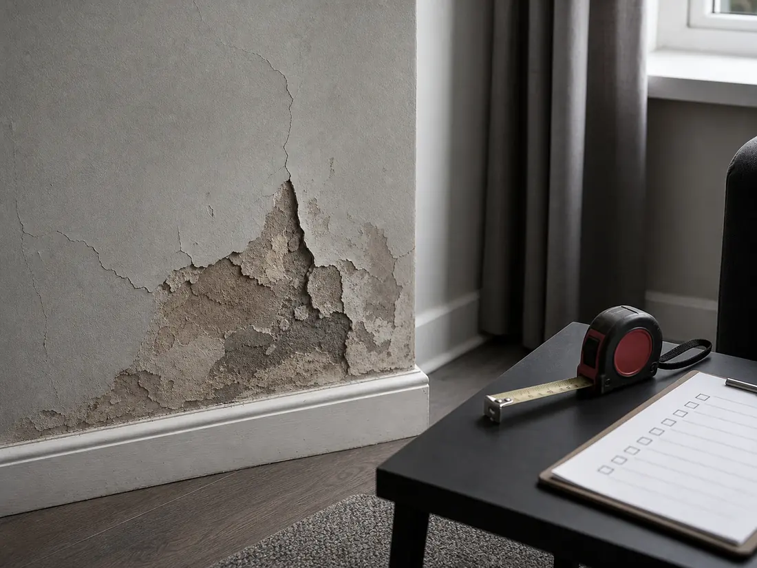 Damaged plaster near skirting with a repair checklist nearby